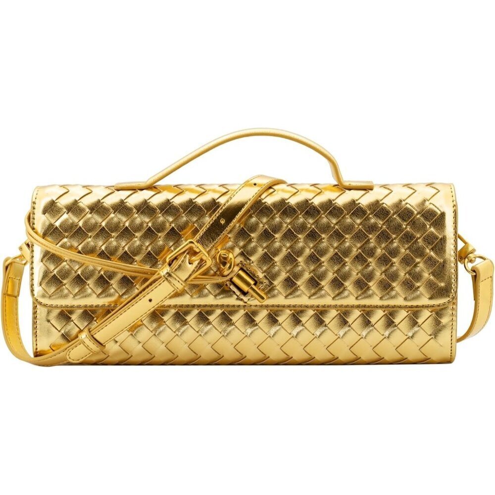 🆕Woven Clutch Purses for Women Gold Leather Evening Bag  Shoulder Handbag